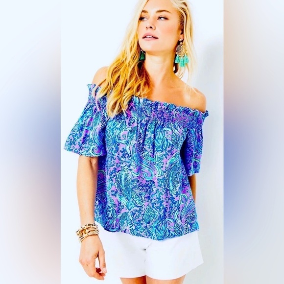 🦩🌴🦩👚Leanne Off-The-Shoulder Linen Top in Lilac Rose We Mermaid👚🦩🌴🦩 - Picture 1 of 11
